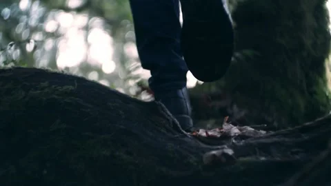 Slow Motion Black Leather Boots Walking Through Forest in Spring Video stock 233469344
