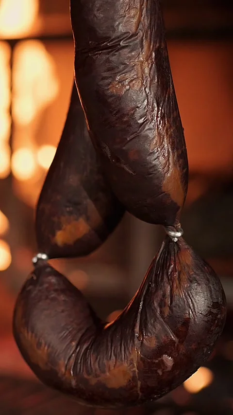 Slow motion black pudding hanging and smoking in fireplace Video stock 297801246