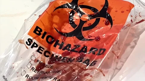 Slow Motion Blood Splatter on Biohazard Specimen Bag Stock Footage 301337499