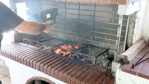 Slow Motion Blow the Fire with Sparks All Over the Barbeque Stock Footage 168436633