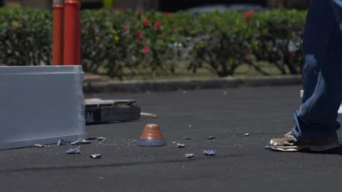 Slow Motion Blue and Orange Ceramic Bowl Smashed on Ground with Crowbar Stock-Footage 101038117