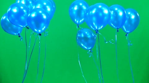 Slow motion blue  balloons fly up  on green screen Stock Footage 85554983