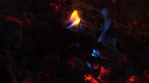 Slow Motion - Blue Flame Burns In Coals Of Fire Stock Footage 195281484