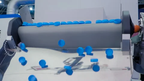 Slow motion: blue plastic bottle caps falling from conveyor belt Vidéo 159512042