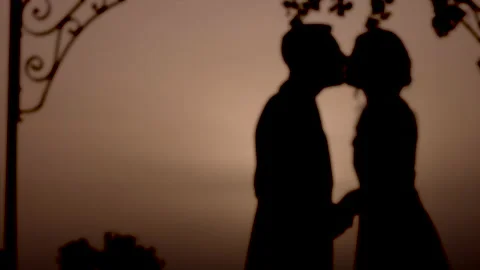 Slow motion of blurred couple's silhouette embracing and kissing Stock Footage 155985870