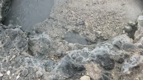 Slow motion of boiling mud bubbles and hot steam in the geyser Stock Footage 319908902