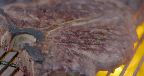 Slow Motion Bone-In Steak Cooking on Charcoal Grill with Flames Stock-Footage 141004204