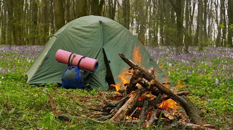  Slow motion  . BonFire, campfire and tourist tent camping Stock Footage 62473057