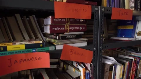 Slow motion of books in a multilingual library Stock Footage 142068269