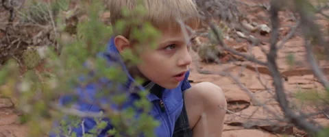 Slow Motion Boy Hides Behind Desert Plant Life Stock Footage 61719542