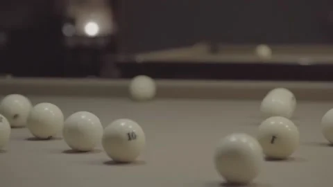 Slow motion. Breaking the billiard pyramid. Opening break shot Stock Footage 142682875