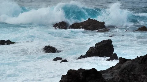 Slow motion, breaking waves and rocky coast of Tenerife island, Canary islands Stock Footage 120291062