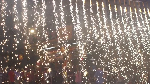 Slow motion Bright fire rain falling down in a celebration. Fireworks show-Dan Stock Footage