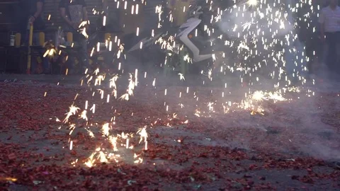 Slow motion Bright fire rain falling down in a celebration. Fireworks show-Dan Stock Footage