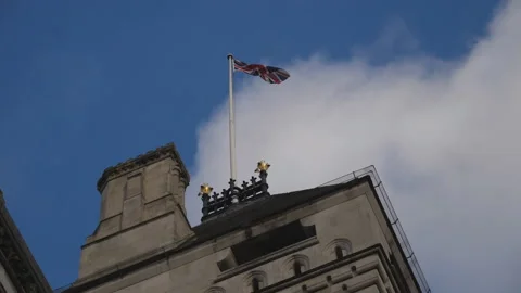 Slow Motion. A British flag waving on a rooftop. Stock Footage 133084262