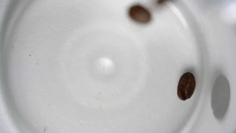 Slow motion of Brown coffee grains pouring into glass receptacle. Macro shot. Stock Footage 114615313