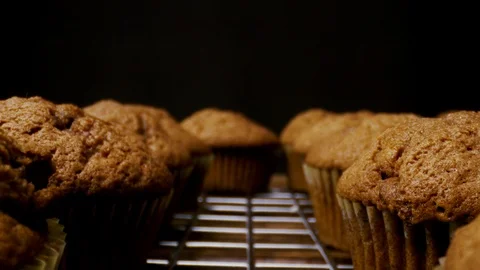 Slow motion brown muffins sprinkle with sugar close up 스톡 동영상 112632533