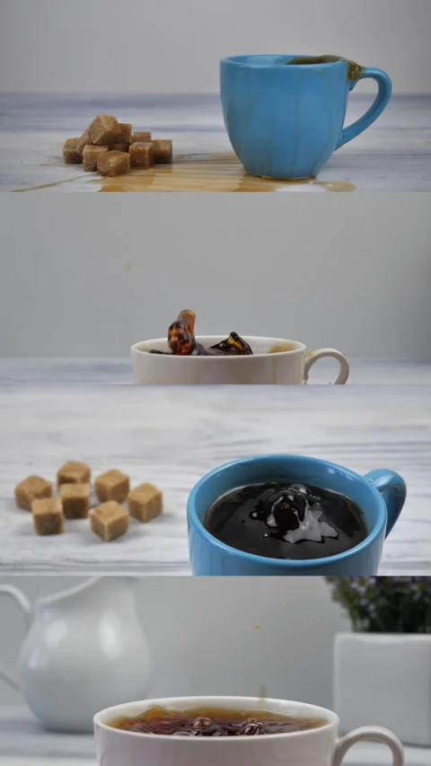Slow motion of a brown sugar cube falling into a cup of tea Stock Footage 304247347