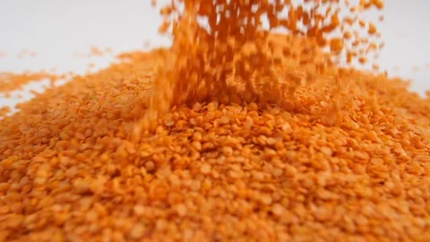 Slow motion bulk dry red lentils with a portion of legumes dropping Stock Footage 88337520