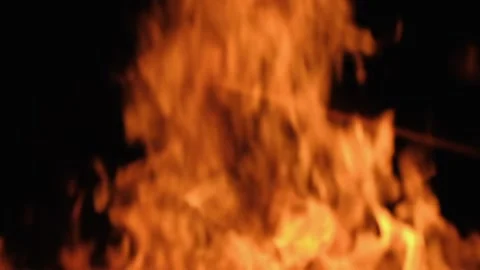 Slow motion burning bonfire. Close-up shot of warm cozy burning fire. Slow Stock Footage 158071680