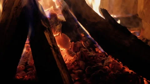 Slow motion Burning Fire in the Fireplace Close Up Video stock 245448594