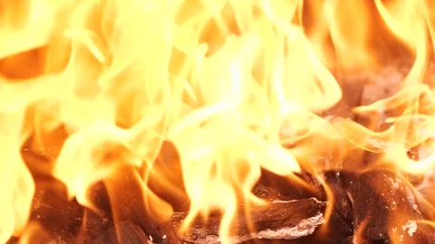 Slow motion burning fire flame, closeup night bonfire, fireplace, campfire, bbq Video stock 242387642