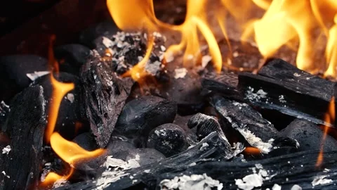 Slow motion burning fire flame, closeup night bonfire, fireplace, campfire, bbq Video stock 243546726