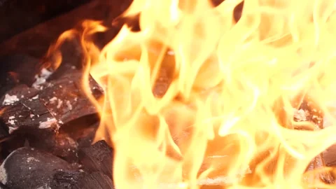 Slow motion burning fire flame, closeup night bonfire, fireplace, campfire, bbq Video stock 244106022