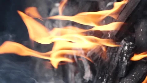 Slow motion burning fire flame, closeup night bonfire, fireplace, campfire, bbq Video stock 255871467