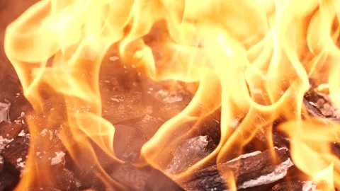 Slow motion burning fire flame, closeup night bonfire, fireplace, campfire, bbq Video stock 256390744