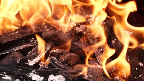 Slow motion burning fire flame, closeup night bonfire, fireplace, campfire, bbq Video stock 259370971