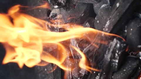 Slow motion burning fire flame, closeup night bonfire, fireplace, campfire, bbq Stock Footage 259935342