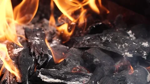 Slow motion burning fire flame, closeup night bonfire, fireplace, campfire, bbq Video stock 260525978