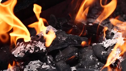 Slow motion burning fire flame, closeup night bonfire, fireplace, campfire, bbq Video stock 264940642