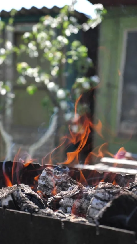 Slow motion of a burning fireplace with burnt logs. Grill for BBQ. Stock Footage 334324642