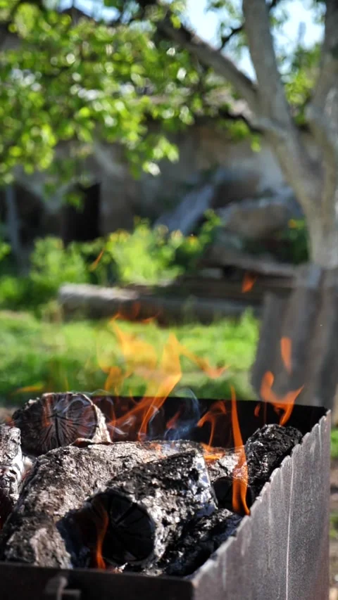 Slow motion of a burning fireplace with burnt logs. Grill for BBQ. Stock Footage 334324654