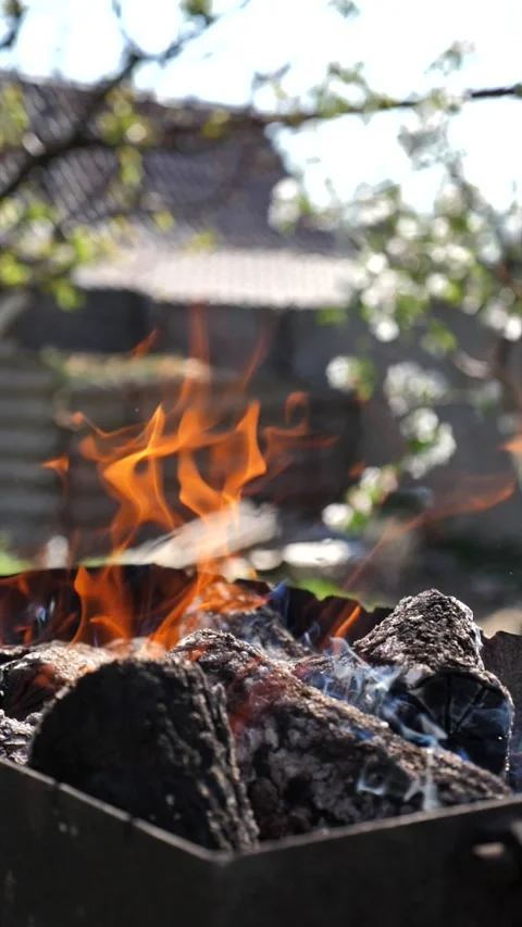 Slow motion of a burning fireplace with burnt logs. Grill for BBQ. Stock Footage 334324663