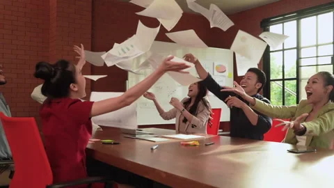 Slow motion,The business team throws paper from rejoicing, Stock Footage 139820424