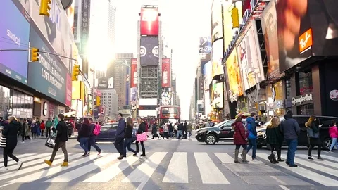 Slow Motion Busy Tourists passing visit  Popular Times Square Crowded People Stock Footage 74641822