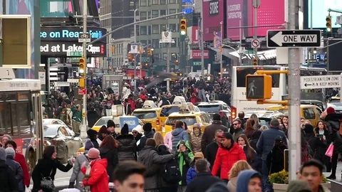 Slow Motion Busy Tourists passing visit  Popular Times Square Crowded People Stock Footage 74641879