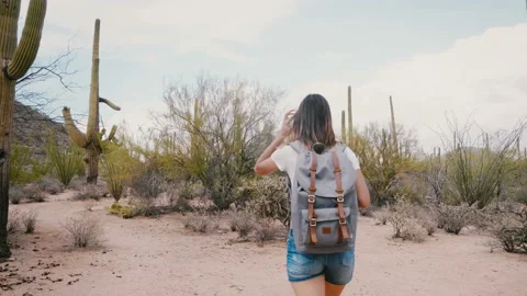 Slow motion camera follows young happy tourist woman with backpack exploring big Stock Footage 102533140