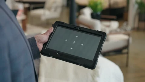 Slow Motion Camera Move Around Grey Screen Tablet With Motion Tracking Points Stock Footage 310369297