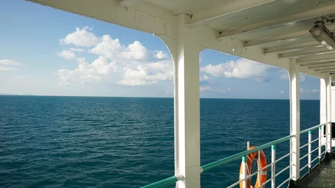Slow motion camera movement along empty deck of the sailing ship. Dolly shot Stock Footage 89210533