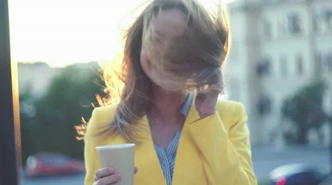 Slow motion. Camera moving around young beautiful business woman. Brunette girl Stock Footage 65405527