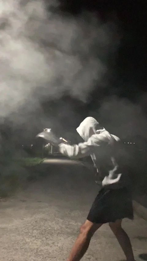 Slow Motion Camera Static Of Athlete Practicing Boxing With Smoke At Night 스톡 동영상 340196054