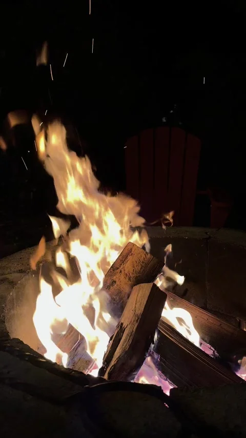 Slow Motion Campfire Flames Burning at Night in Outdoor Fire Pit Stock Footage 333714955