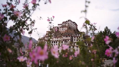 Slow motion capture of key monastery with pink flowers in foreground. Stock Footage 201716329