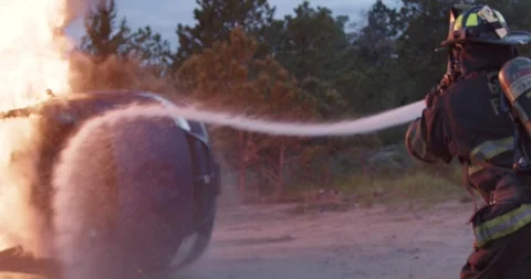 Slow Motion Car On Fire Car Accident Firefighter Fire Hose Stock Footage 244432598