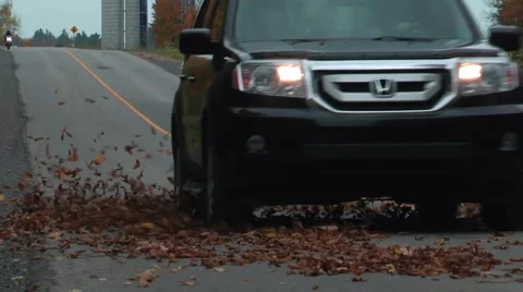 Slow motion car going through leaves Stock Footage 45360151
