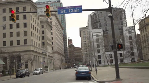 Slow motion car pov downtown Cleveland Stock Footage 33237302